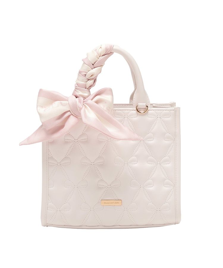 Maison de FLEUR 帶圍巾裝飾的絎縫雙面方形手提袋