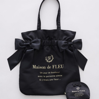Maison de FLEUR 【兩件套】雙緞帶褶皺手提袋和收納袋