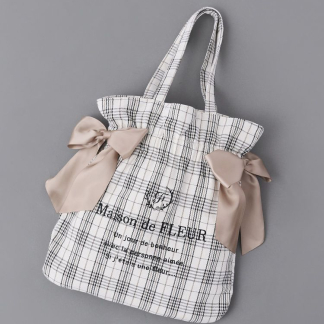 Maison de FLEUR 格紋雙緞帶褶皺手提袋 Maison de FLEUR 格紋雙緞帶褶皺手提袋