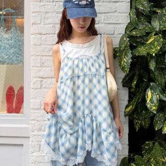 w closet 透明格紋迷你吊帶連身裙